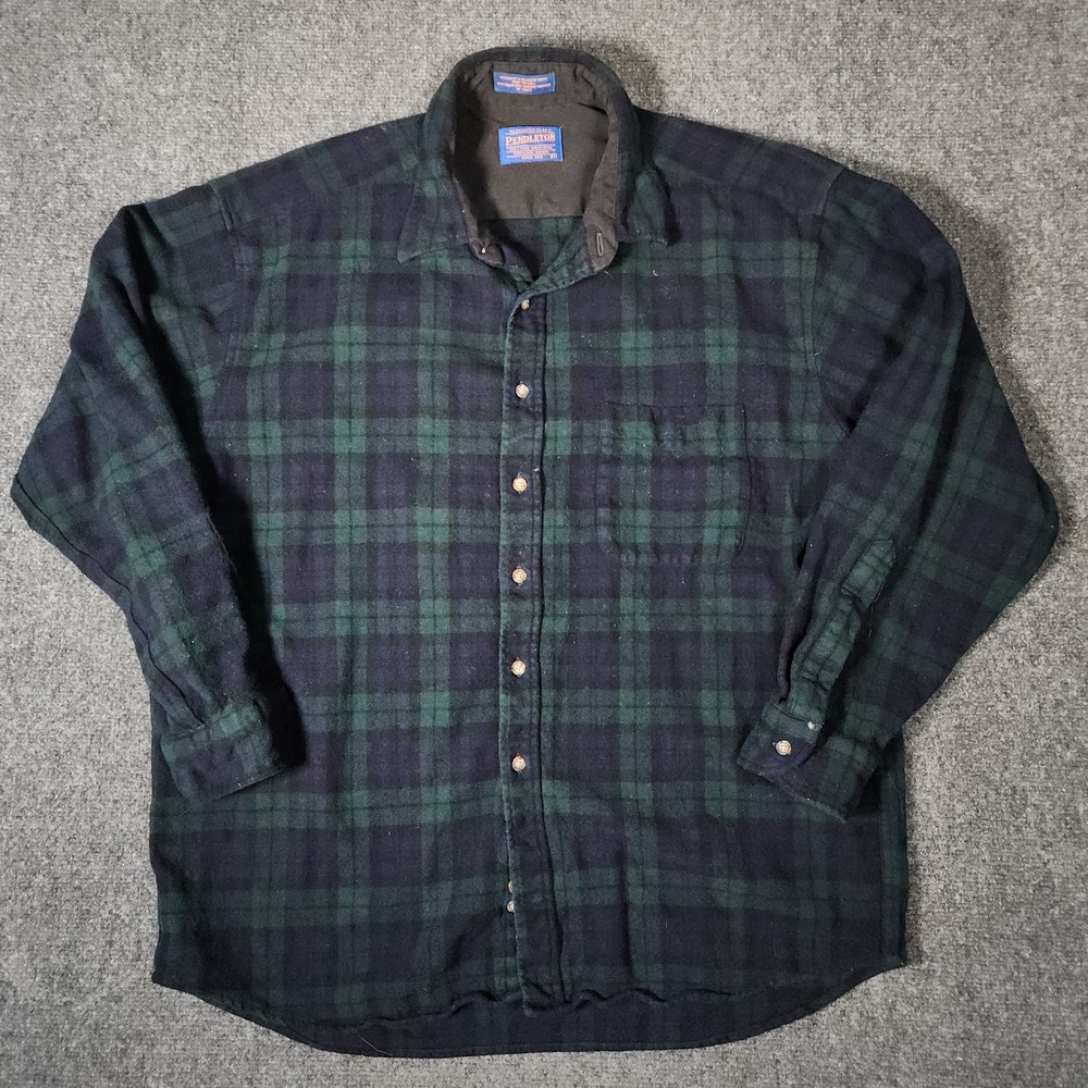 Vintage Pendleton Men Blue Plaid Wool Camp Shirt Fits Medium Large XL